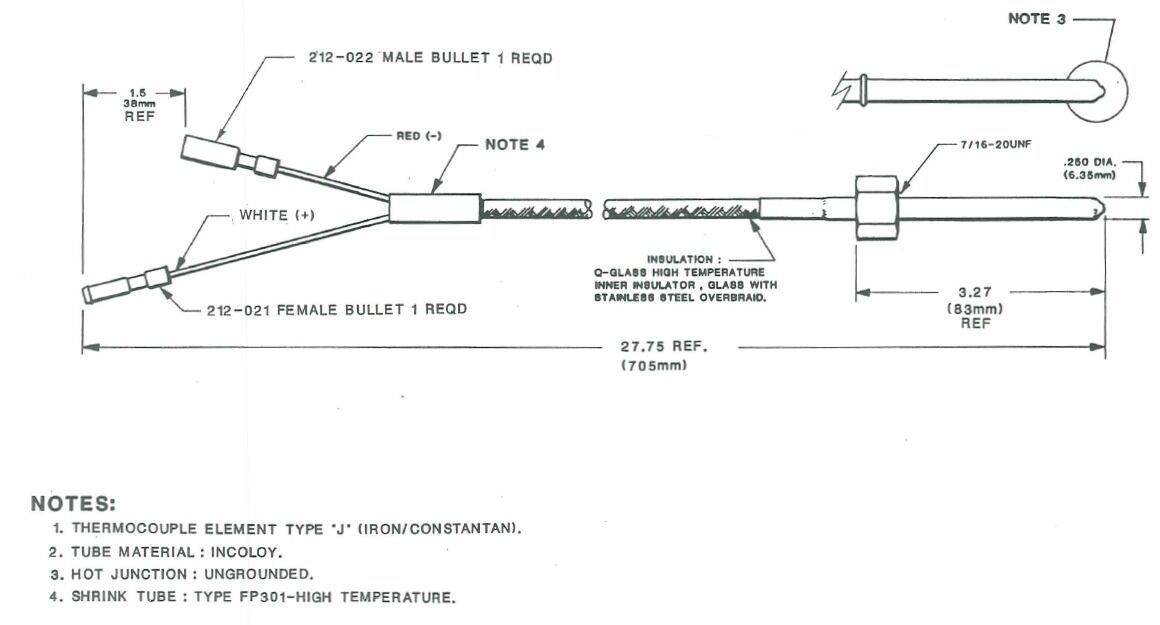 Thermocouple, J-type, UnGrounded, Straight, 3.27", Bullet Connector